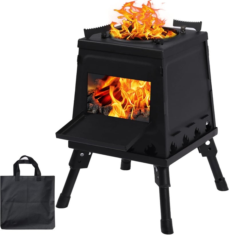 Lineslife Wood Burning Camp Stove, Portable Cast Iron Camping Wood Stove, Black Woodstove with Carrying Case for Backpacking Outdoor Cooking - Image 1